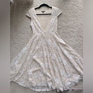 Jario London full skirt, boho lace dress.